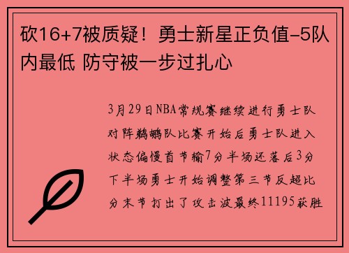 砍16+7被质疑！勇士新星正负值-5队内最低 防守被一步过扎心