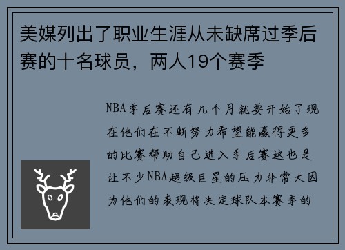 美媒列出了职业生涯从未缺席过季后赛的十名球员,两人19个赛季